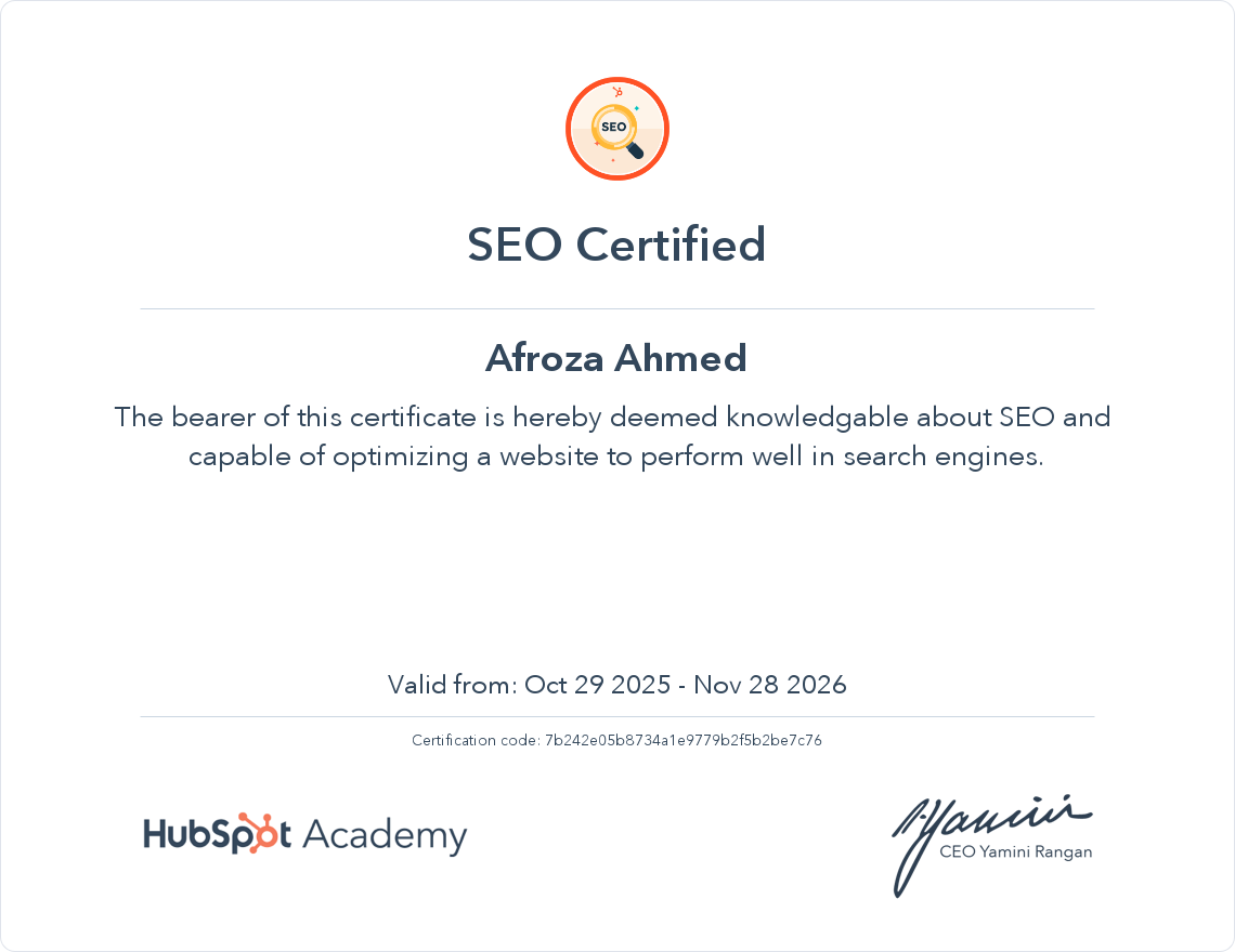HubSpot SEO Certificate - Afroza Ahmed