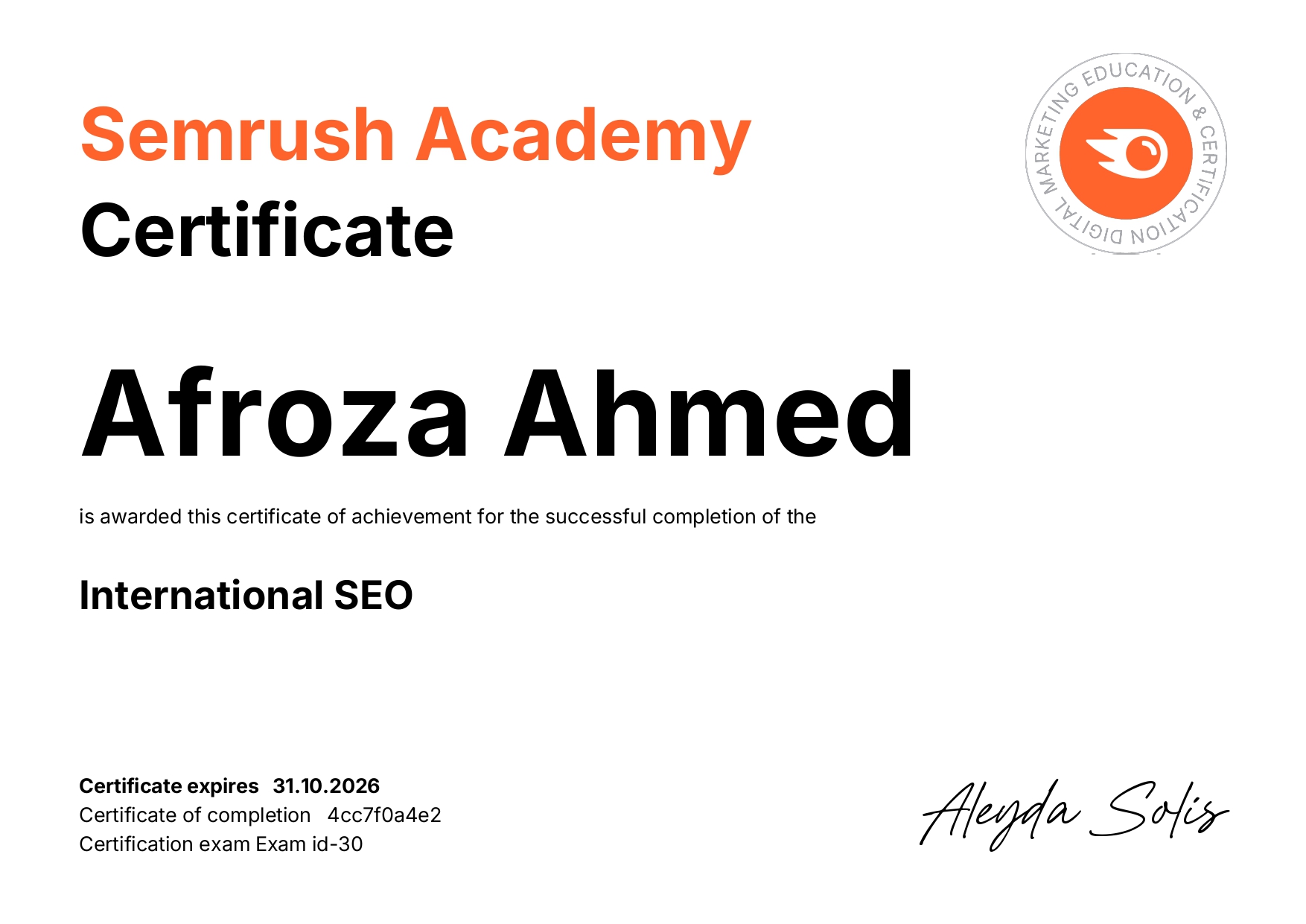 Semrush International SEO Certificate - Afroza Ahmed